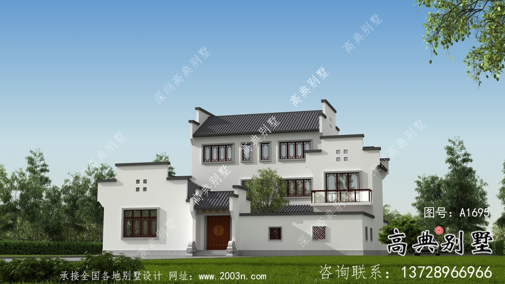 帶前后院經濟型農村三層徽派別墅設計圖