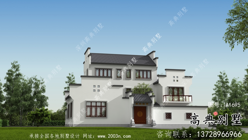 帶前后院經濟型農村三層徽派別墅設計圖