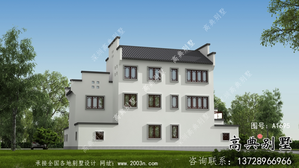 帶前后院經濟型農村三層徽派別墅設計圖
