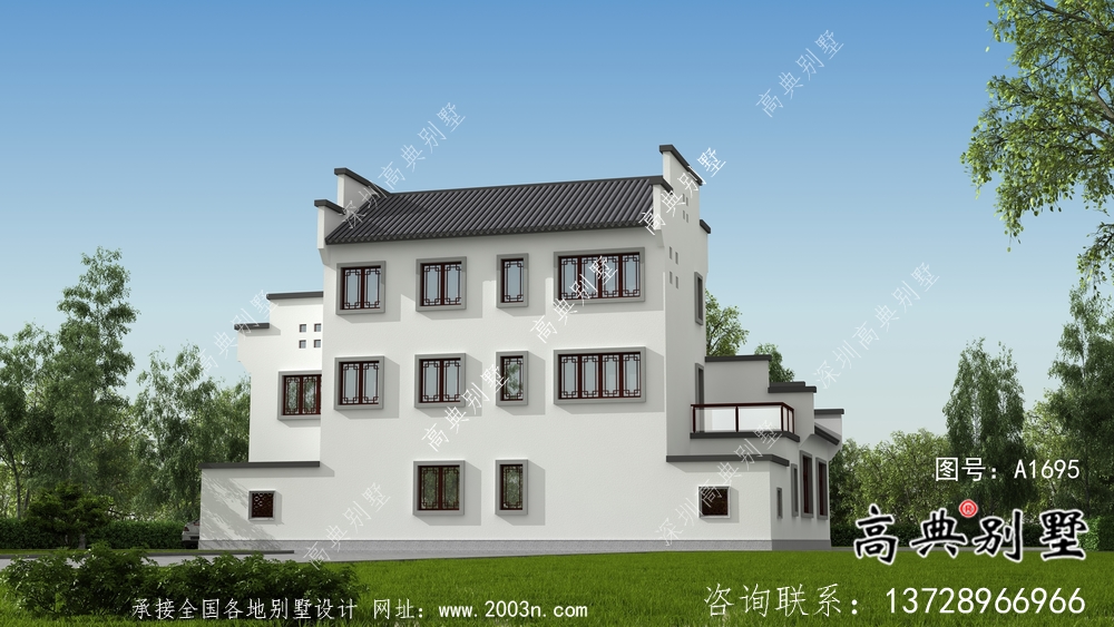 帶前后院經濟型農村三層徽派別墅設計圖