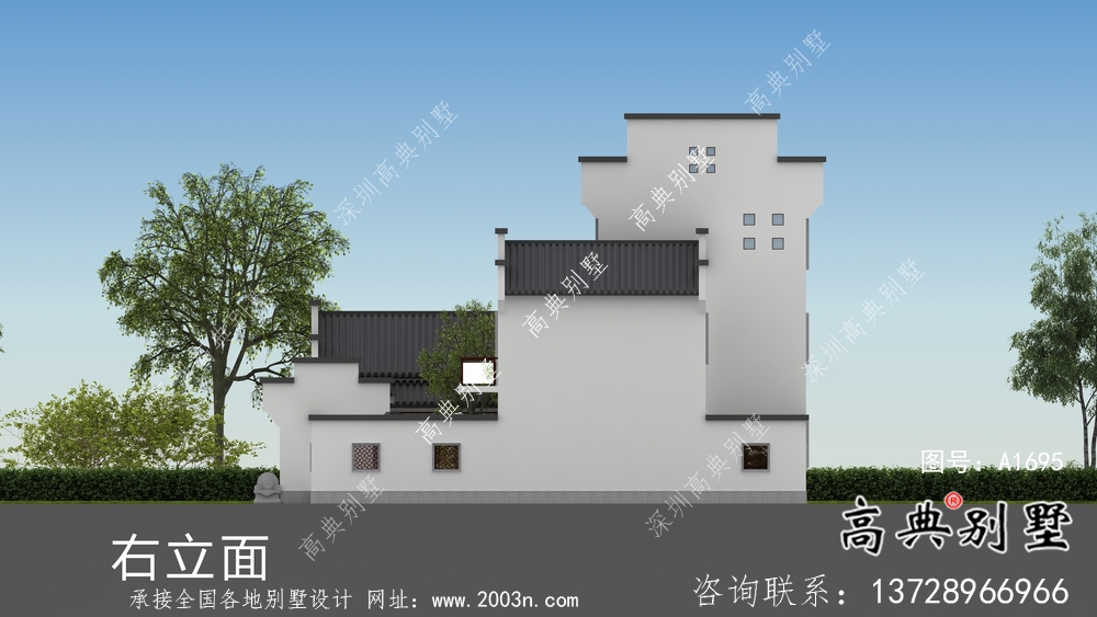 帶前后院經濟型農村三層徽派別墅設計圖