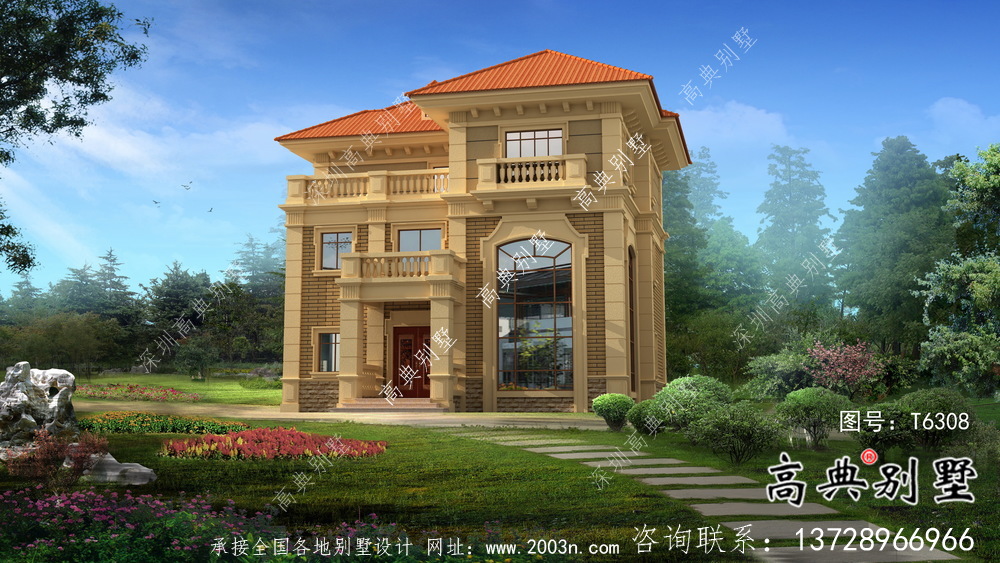 歐式古典帶陽臺三層別墅建筑圖