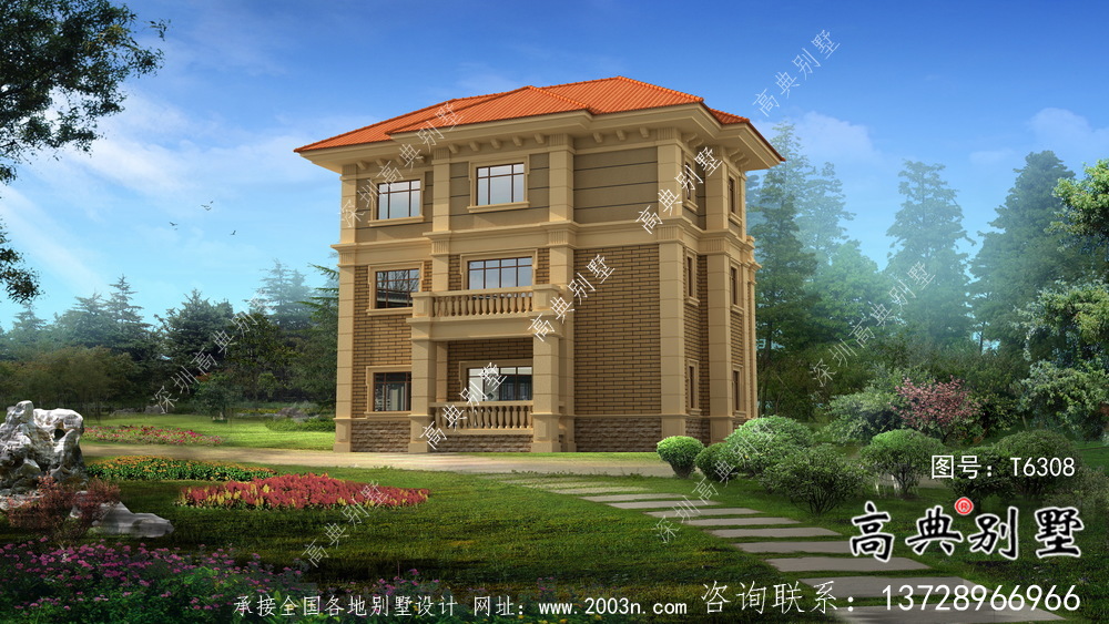 歐式古典帶陽臺三層別墅建筑圖