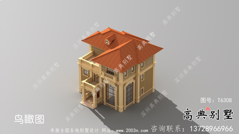 歐式古典帶陽臺三層別墅建筑圖