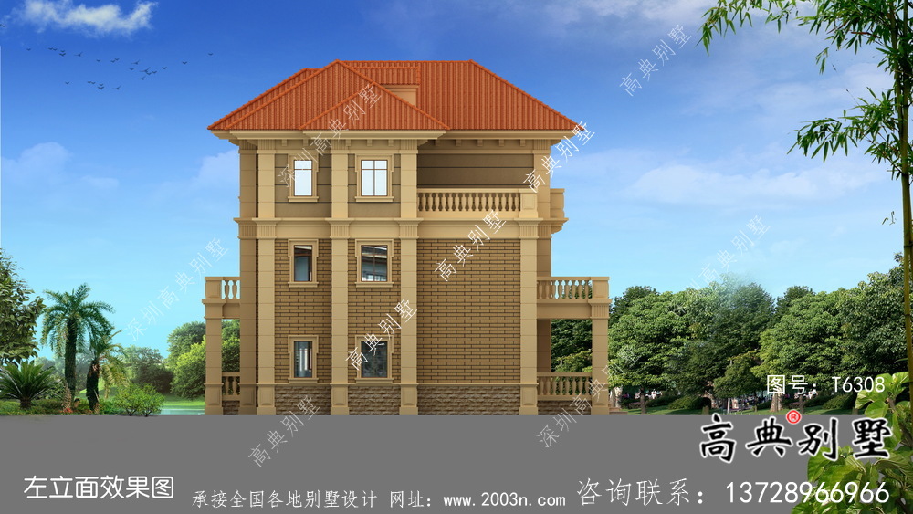 歐式古典帶陽臺三層別墅建筑圖