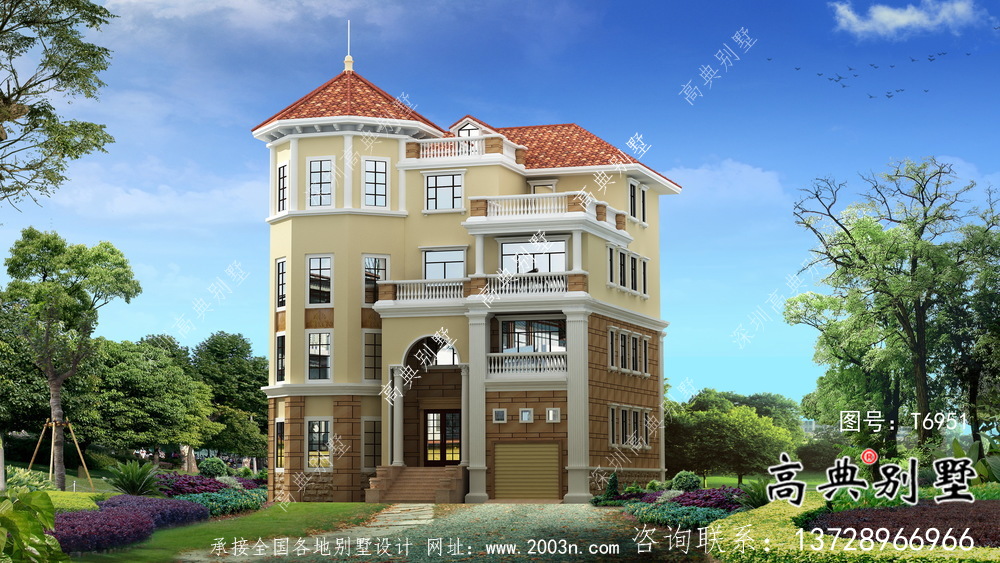 歐式古典四層帶車庫農村自建別墅設計效果圖