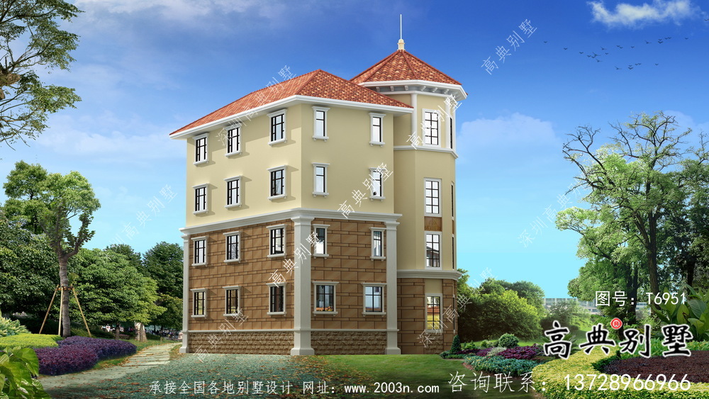 歐式古典四層帶車庫農村自建別墅設計效果圖