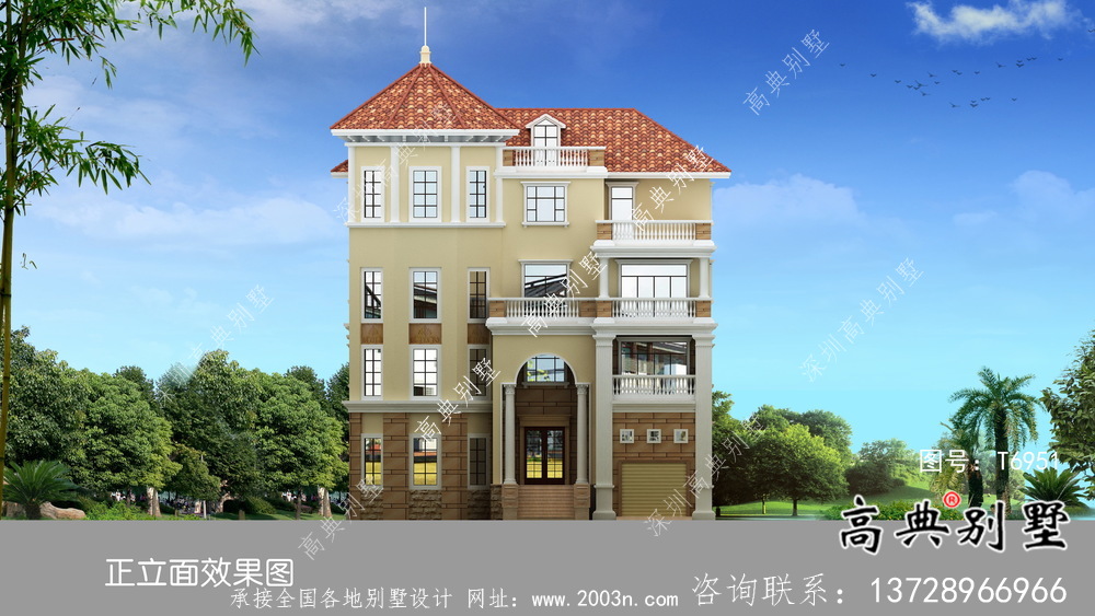 歐式古典四層帶車庫農村自建別墅設計效果圖