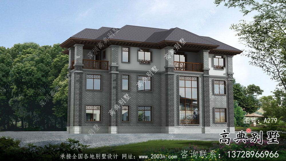 清新中式別墅，新中式自建別墅設計圖（效果圖）