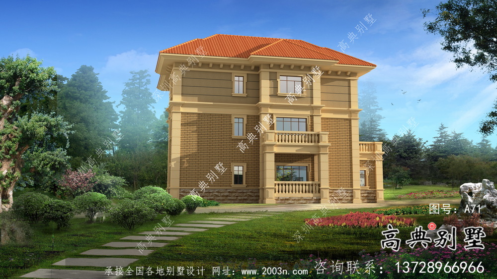 獨幢古典風格經濟三層別墅建筑設計圖紙+設計效果圖