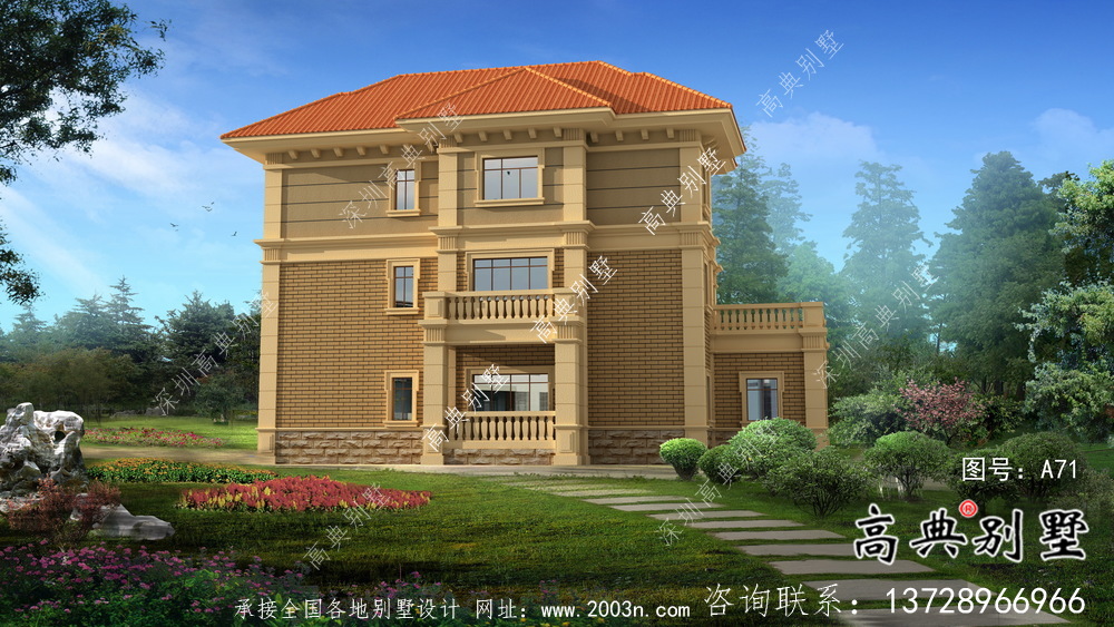 獨幢古典風格經濟三層別墅建筑設計圖紙+設計效果圖