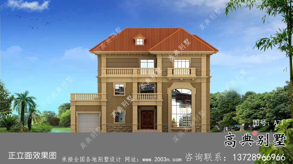 獨幢古典風格經濟三層別墅建筑設計圖紙+設計效果圖