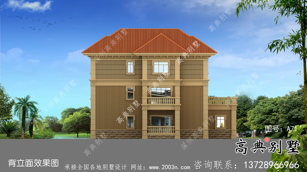 獨幢古典風格經濟三層別墅建筑設計圖紙+設計效果圖