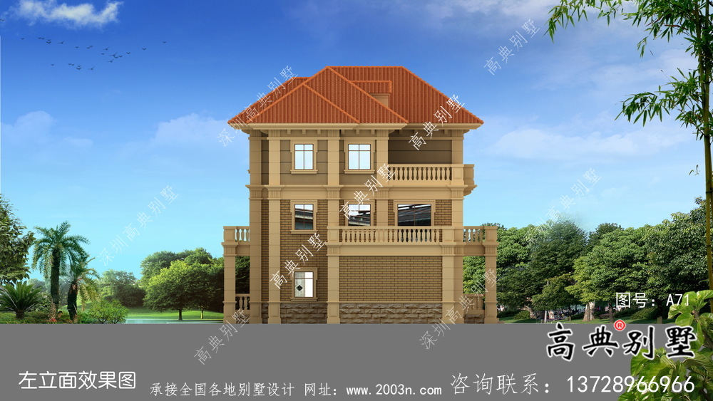 獨幢古典風格經濟三層別墅建筑設計圖紙+設計效果圖