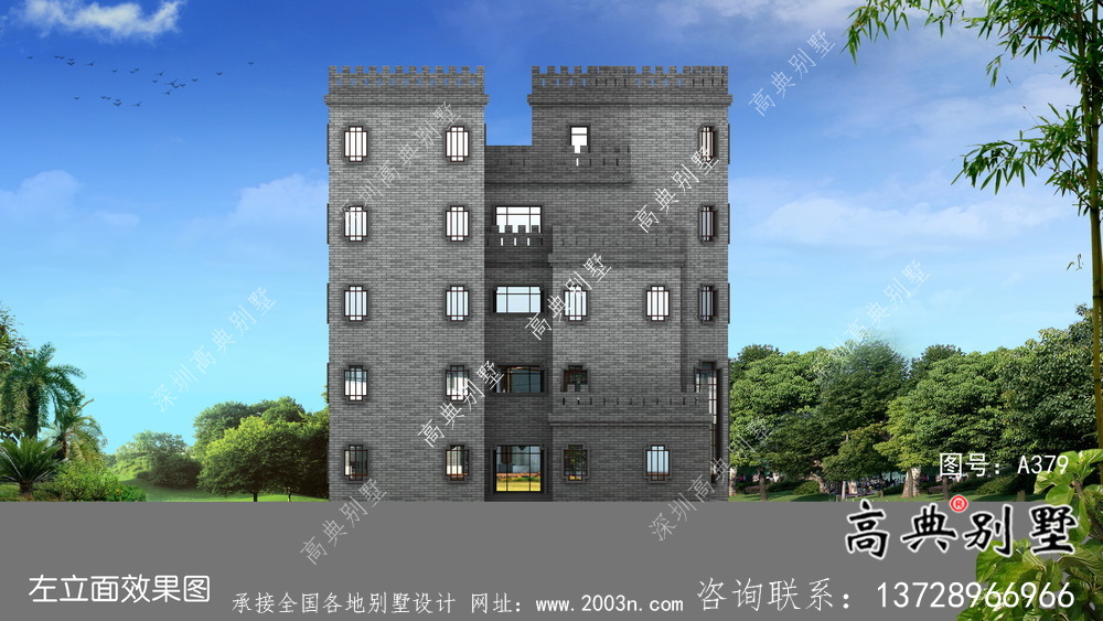 平屋頂中式城堡別墅，五層私人別墅設計圖