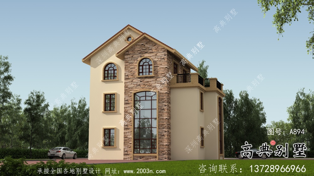 復(fù)式獨(dú)特三層歐式別墅外觀效果圖