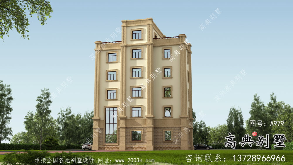 復(fù)古豪華歐式六層平屋頂帶露臺別墅設(shè)計效果圖