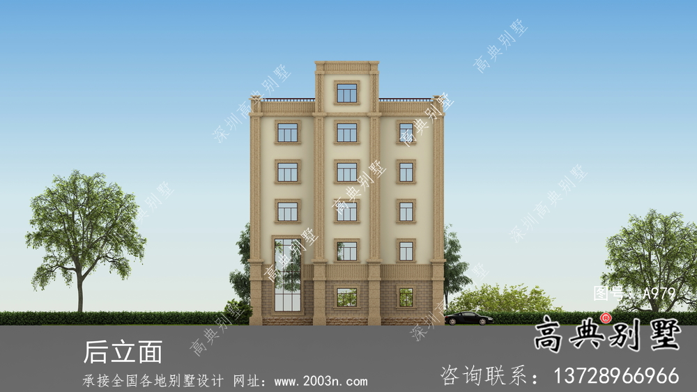 復(fù)古豪華歐式六層平屋頂帶露臺別墅設(shè)計效果圖