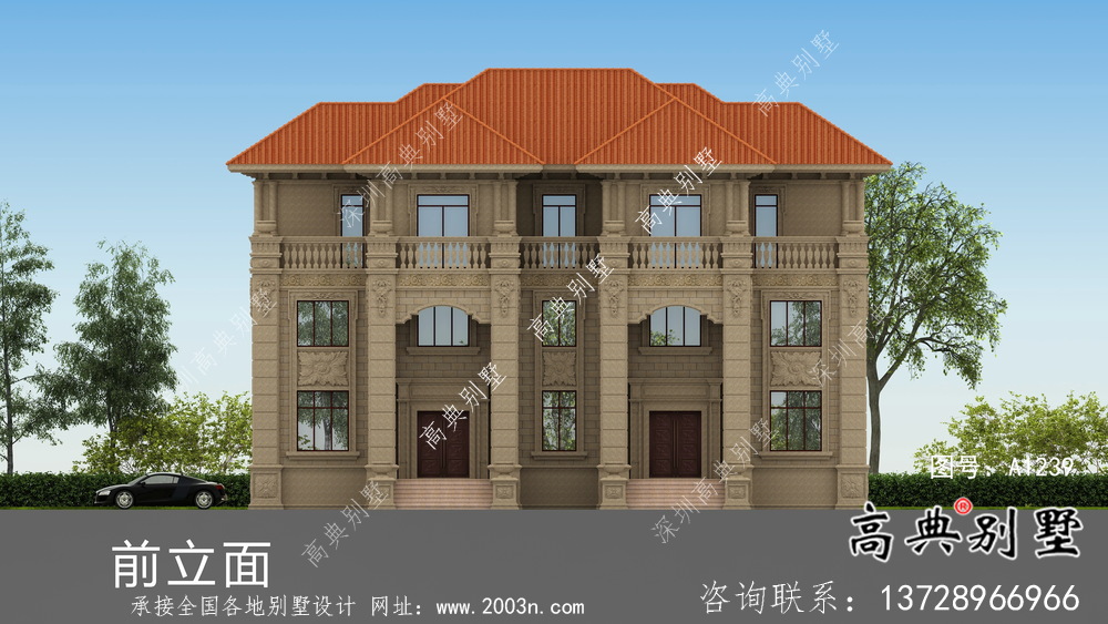 雙拼三層農村歐式別墅設計效果圖