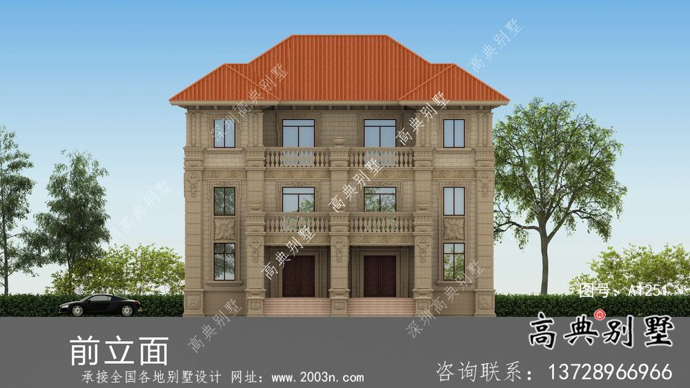 鄉村三層歐式經典雙拼別墅設計外觀效果圖