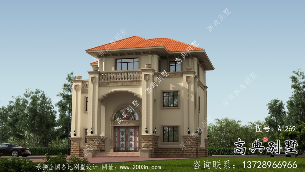 鄉村風情三層歐式別墅外觀設計圖紙