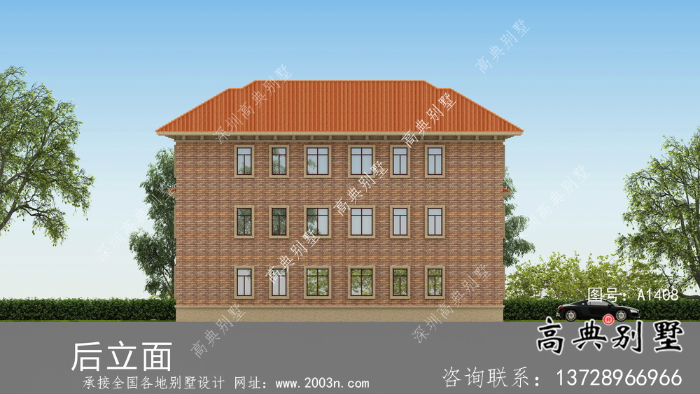 鄉村雙拼平頂三層歐式別墅設計圖紙