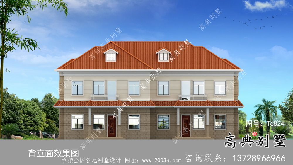 農(nóng)村自建雙拼建筑設(shè)計(jì)圖，包括別墅外觀效果圖