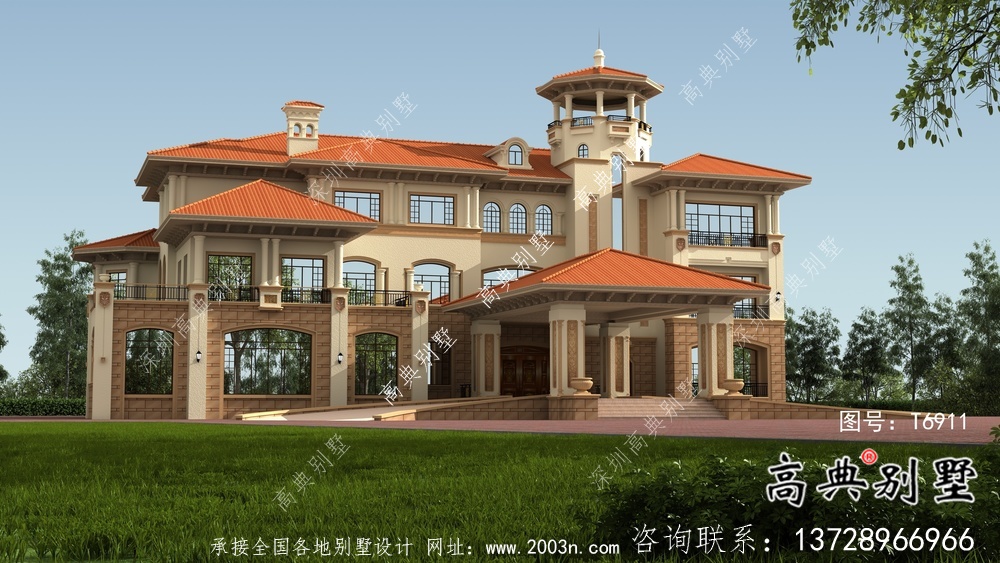 大型豪華漂亮的意大利風格別墅設計圖和效果圖