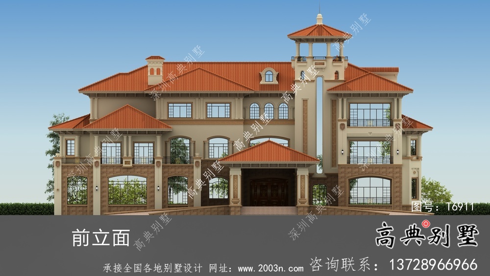 大型豪華漂亮的意大利風格別墅設計圖和效果圖