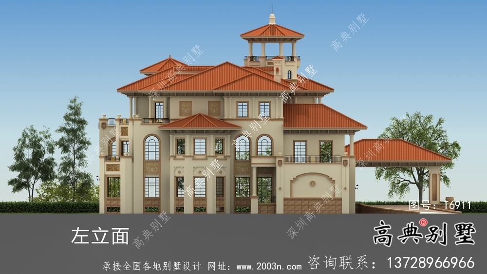 大型豪華漂亮的意大利風格別墅設計圖和效果圖