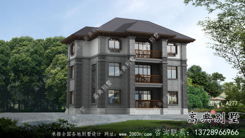 農(nóng)村三層新中式別墅建筑設(shè)計效果圖