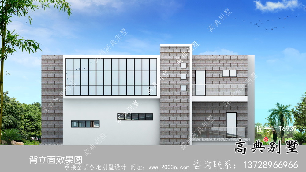 現代明亮二層平屋頂別墅外觀設計圖