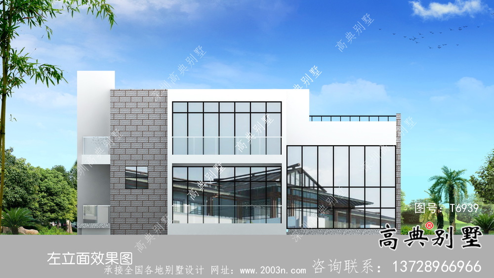 現代明亮二層平屋頂別墅外觀設計圖