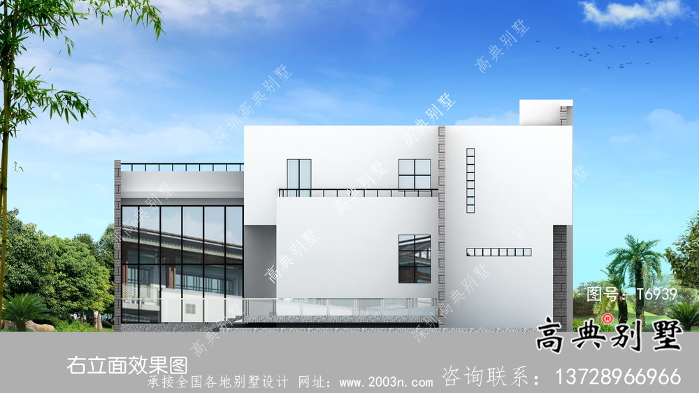 現代明亮二層平屋頂別墅外觀設計圖