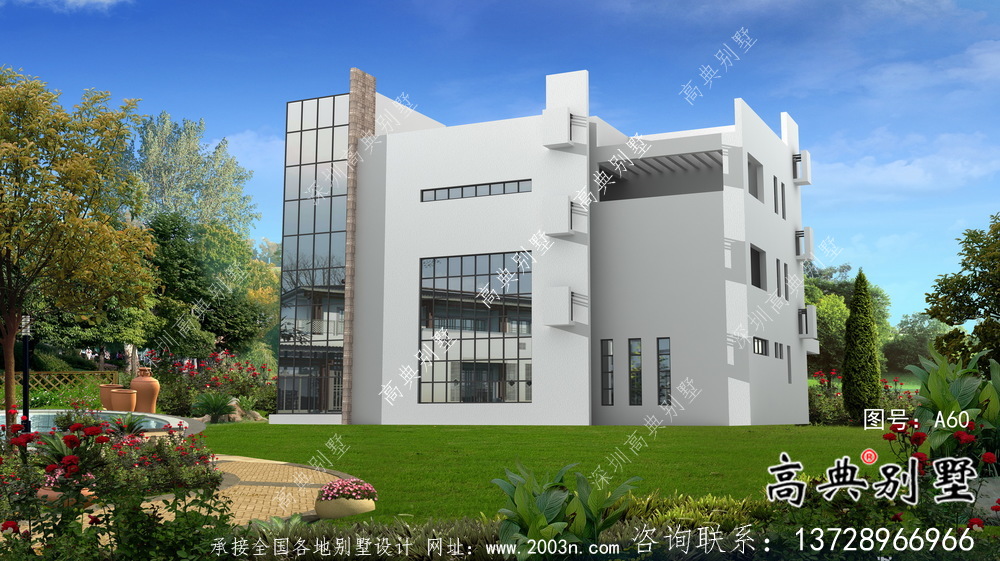 鄉村三層現代風格平屋頂別墅設計圖紙