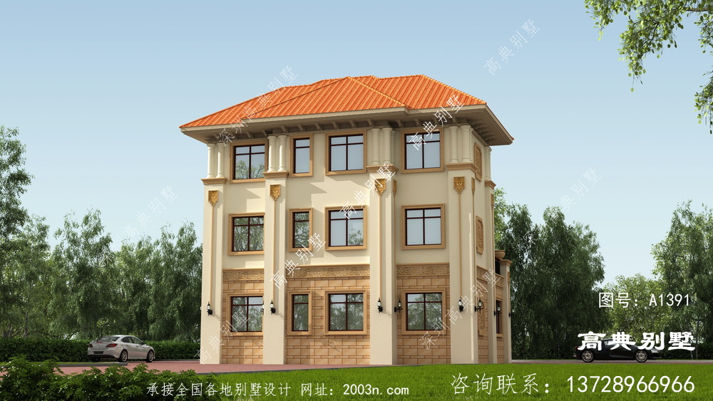 歐式風格三層優(yōu)雅復式別墅外觀設(shè)計效果圖