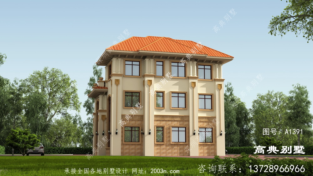 歐式風格三層優(yōu)雅復式別墅外觀設(shè)計效果圖