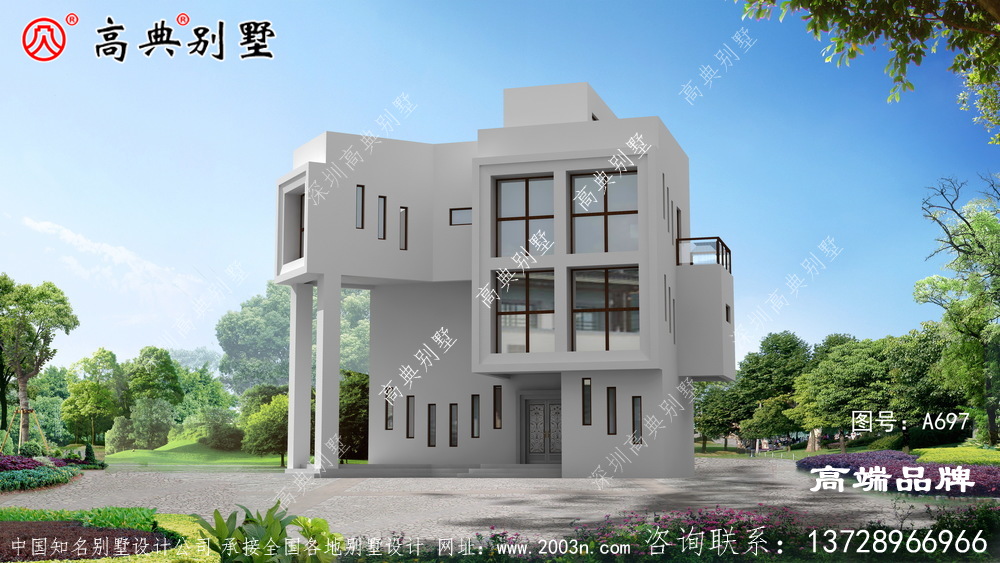 現代三層樓房設計圖，莊重大氣，雙露臺