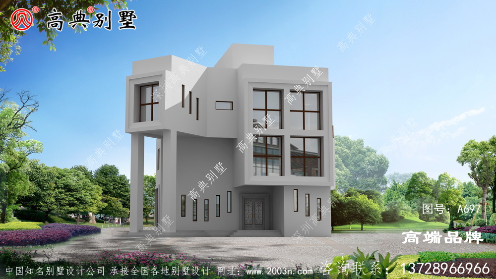 現代三層樓房設計圖，莊重大氣，雙露臺