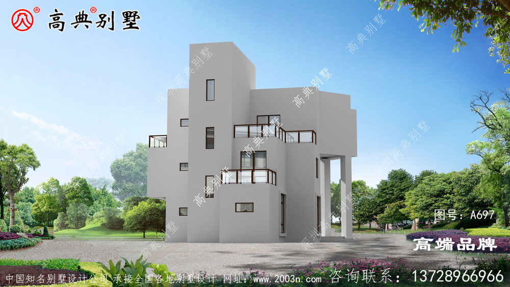 現代三層樓房設計圖，莊重大氣，雙露臺