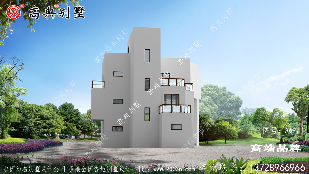 現代三層樓房設計圖，莊重大氣，雙露臺