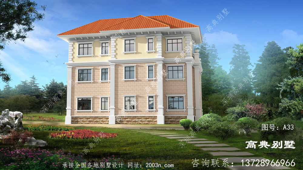歐式風格三層復式別墅自建外觀效果圖