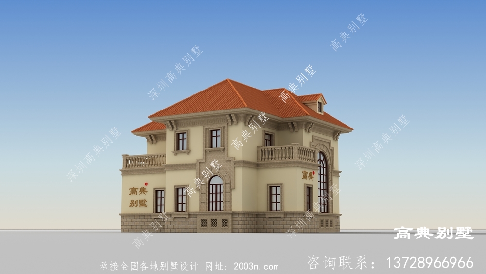 農村自建兩層簡歐別墅外觀設計效果圖，經濟型別墅